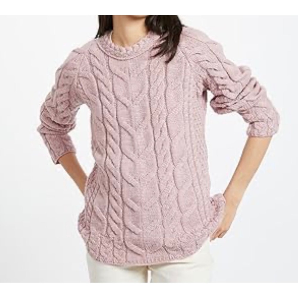 Aran Woollen Mills Pink Cable Knit Wool Sweater Womens Crew Neck Irish Knit